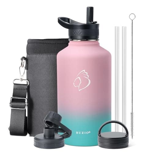 BUZIO 64 oz Water Bottle Insulated with Straw & 3 lid and Carrying Pouch, Leak Proof Half Gallon Stainless Steel Water Flask Jug, Cold for 48 Hrs Double Vacuum Thermo Canteen, BPA-Free, Bubble Gum