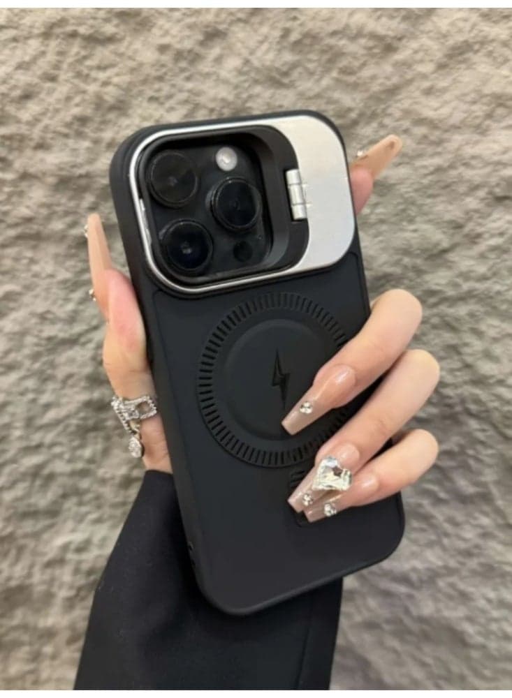 Lens Flip Bracket Phone Case Frosted Anti Drop Soft Silicone Magnetic Protective Cover Black Suitable For iPhone 16 pro