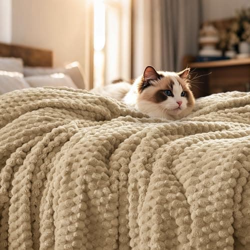 PHF Ultra Soft Flannel Fleece Blanket King Size, Lightweight 3D Jacquard Fleece Blanket, No Shedding, No Pilling, Luxury 340GSM Aesthetic Fluffy Cozy for Bed Room Decor, 108"x90", Camel/Light Khaki