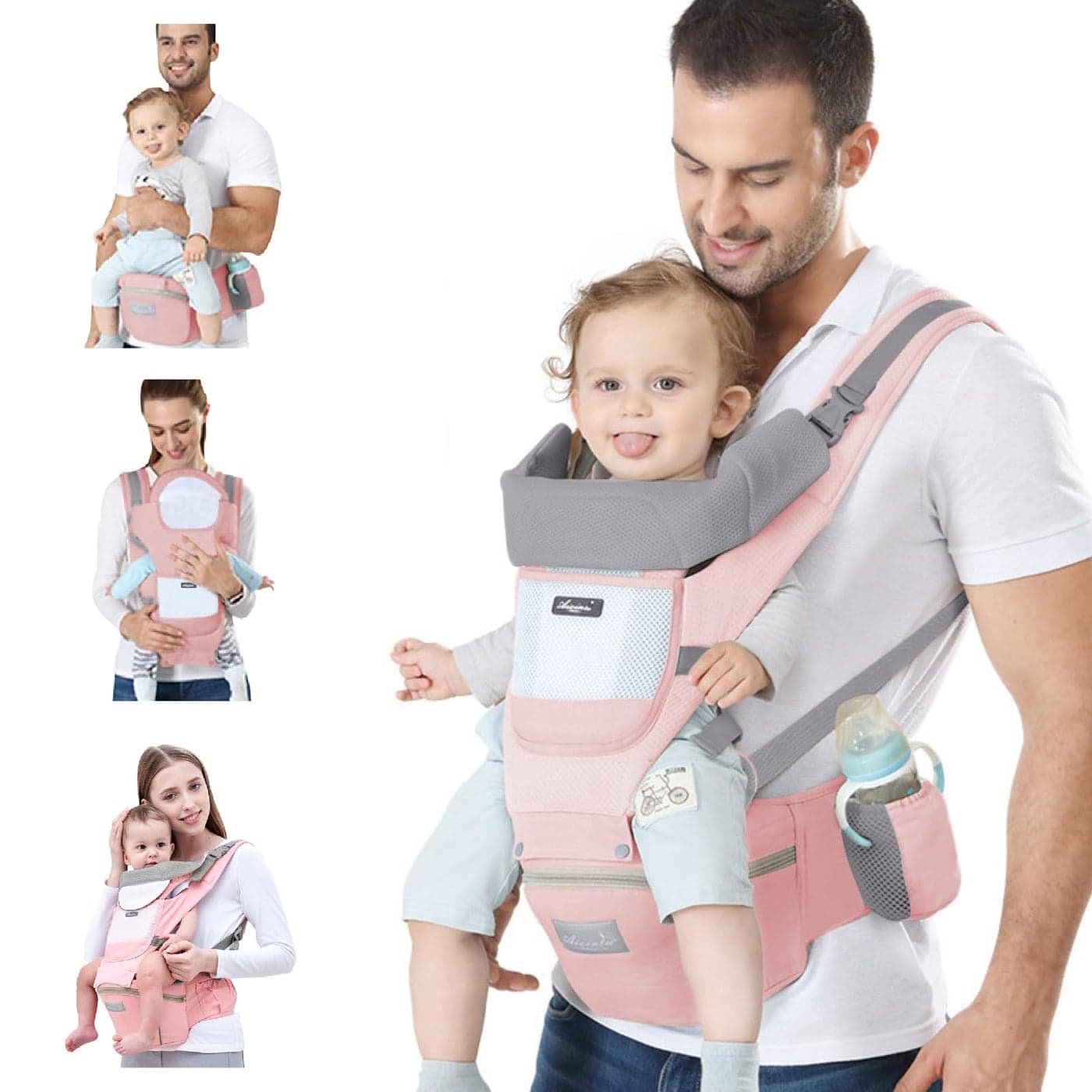 Ocanoiy Baby Carrier Newborn to Toddler Baby Wrap Carrier with Hip Seat Kangaroo Carrier Toddler Infant Baby Holder for MenWomen Dad Mom Pink