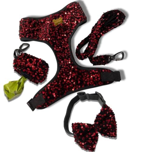 A+a Pets' Sequins Set of 5- Harness, Leash, Collar, Bow & Poo Bag Pouch for Dogs and Cats (L, Red)