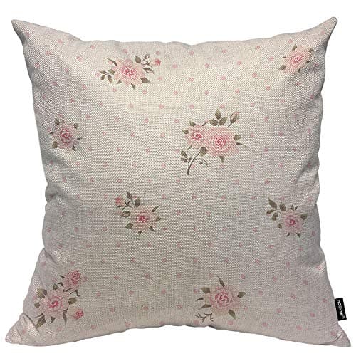 HOSNYE Floral Polka Dot Background Throw Pillow Case Cushion Covers Shabby Chic Style Pattern with Pink Roses Cotton Linen for Couch Bed Sofa Car Waist 20 x 20 inch