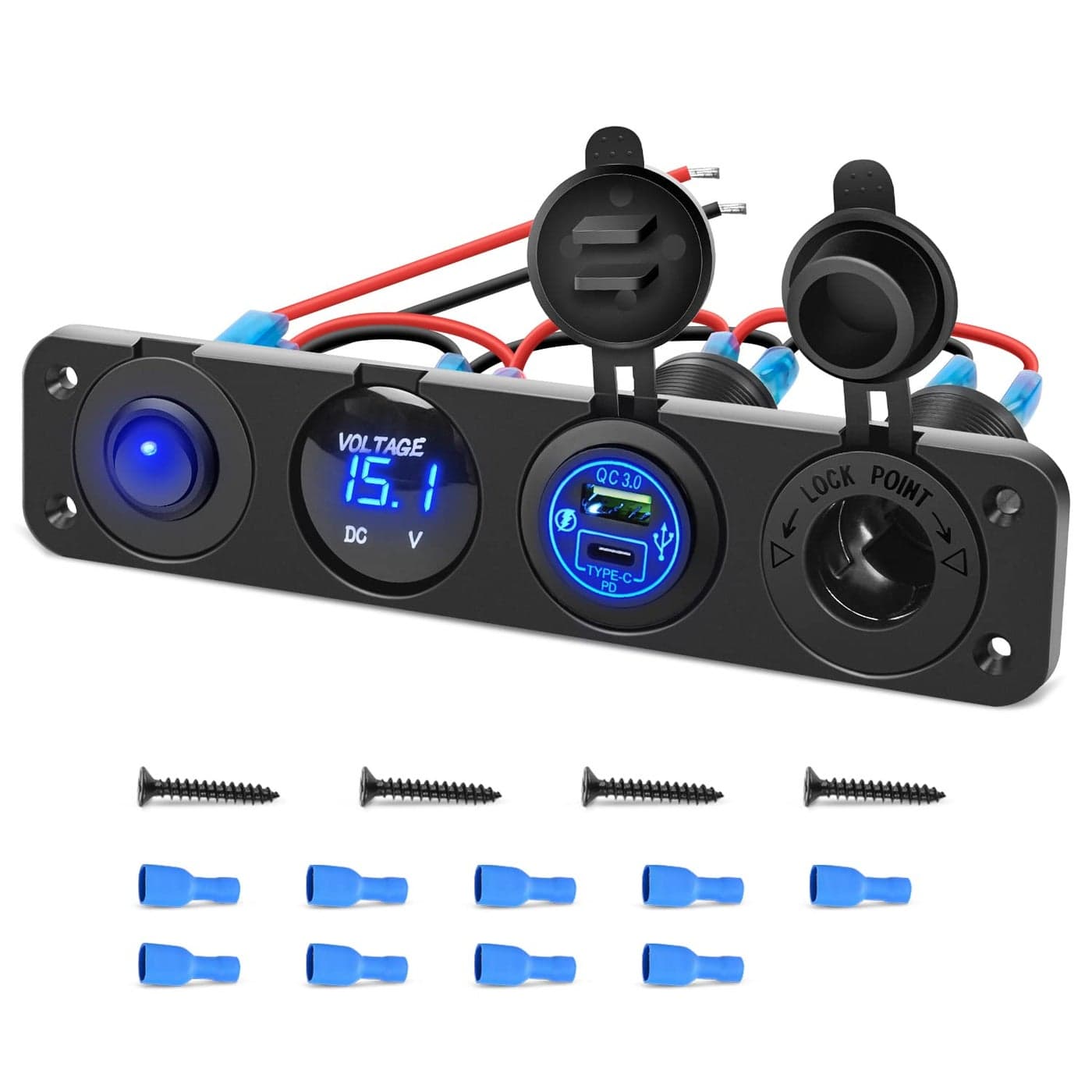Nilight 4 in 1 ONOff Charger Socket Panel PD Type C and QC 30 USB Power Outlet LED Voltmeter Cigarette Lighter Rocker Toggle Switches for Truck Car Boats RV