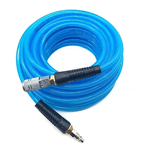 SYXQT Polyurethane (PU) Air Hose 3/8-Inch by 100 FT Lightweight, Kink Resistant, All-Weather Flexibility with 3/8-Inch Male Fittings, Bend black Restrictors, Transparent blue (100FT)