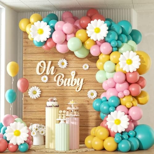 Groovy Daisy Balloon Arch Garland Kit with Teal Yellow Green Pink Balloons Daisy Balloons for Baby Shower First Birthday Groovy Party Decorations