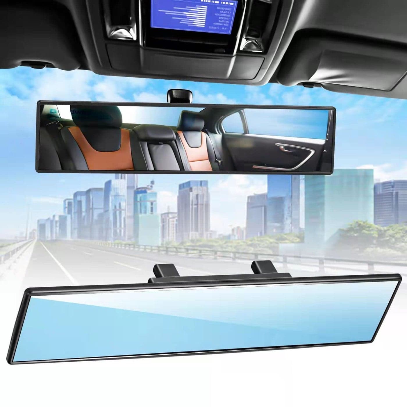 NINGFIST Broadway Car Rear View Mirror HD Anti Glare Universal 12 Inch large Field of View Panoramic Rearview Mirror with Wide Angle Blue Tint for Car SUV and Truck
