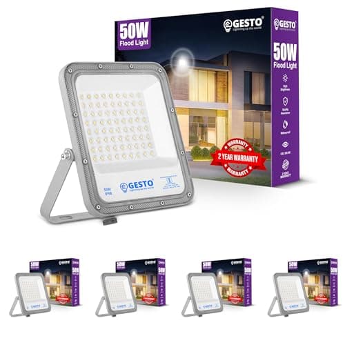Gesto 50W LED Flood Light Cool White IP66 Waterproof Outdoor Halogen Focus Light | Wide Beam Angle Floodlight for Garage, Parking, Playground, Shop, Warehouse, Garden | 2 Years Warranty- Pack of 4