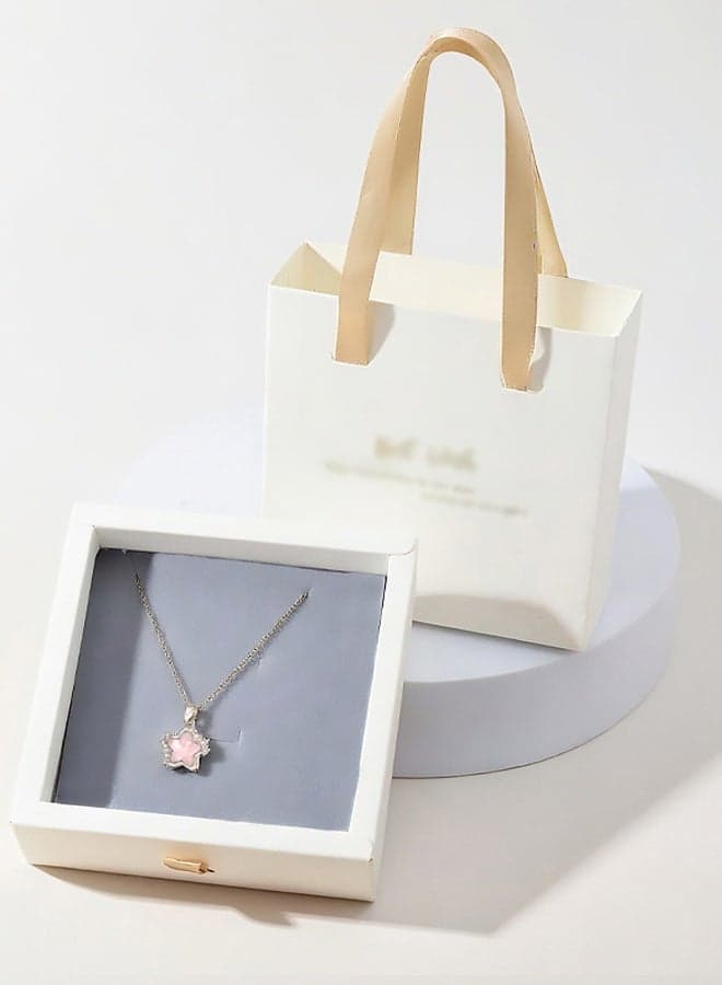 A Simple Pink Star Design Necklace with Gift Box and Bag Star Pendant Necklace Pink Crystal Silver Charm Chain Dainty Trendy Rhinestone Necklace Statement Daily Jewelry Anniversary Birthday Mothers