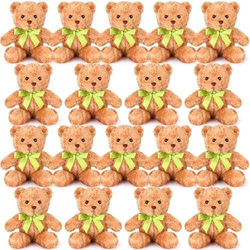 Hungdao 18 Pcs Stuffed Bears Bulk Gifts for Kids Boy Girl 10 Inch Cute Soft Plush Bear Stuffed Animals with Green Bow for Baby Shower Birthday PartyLight Brown