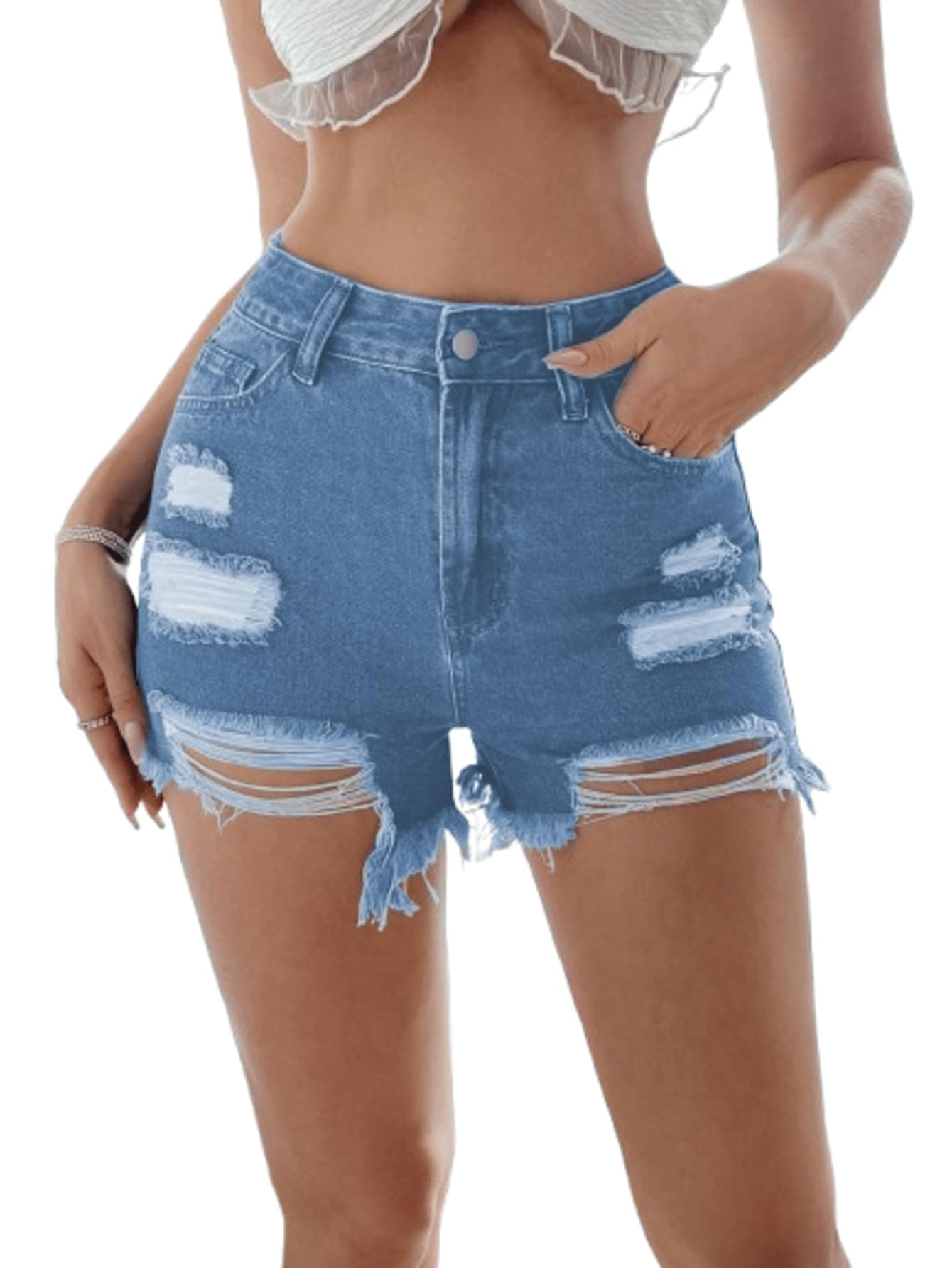 Aahwan Blue Solid Simple Daily Distressed Denim Shorts for Women's &Girl's(318-Blue-26)