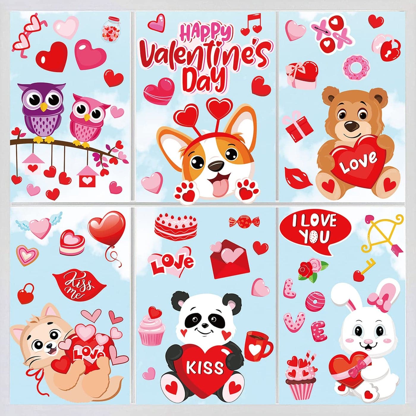 Whaline 9 Sheet Valentines Day Window Clings Lovely Animals Decals DoubleSided Cute Cartoon Decor for Valentines Day Wedding Anniversary Home Office School Party Supplies