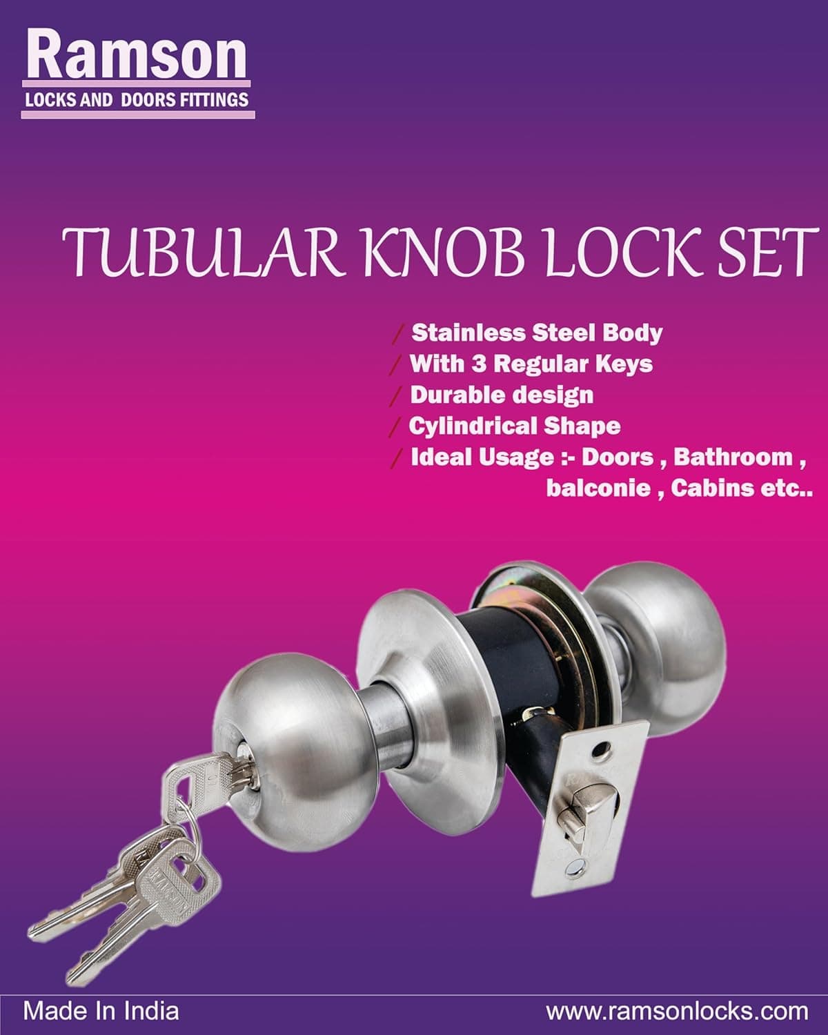 RAMSON Stainless Steel Tubular Knob Set 5791SS Finish with Regular Key