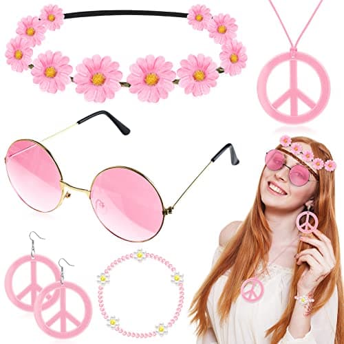 Batiyeer 6 Pcs Hippie Costume Accessories Set, Boho Peace Sign Daisy Flower 60s 70s Party Favors Decor for Groovy Party Women(Pink)