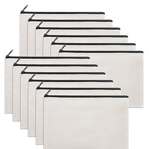 Sinzip 12 Pieces White Cotton Canvas Makeup Bag, Multipurpose Cosmetic Bag with Zipper Travel Toiletry Pouch, Blank DIY Craft Bag (White, M)