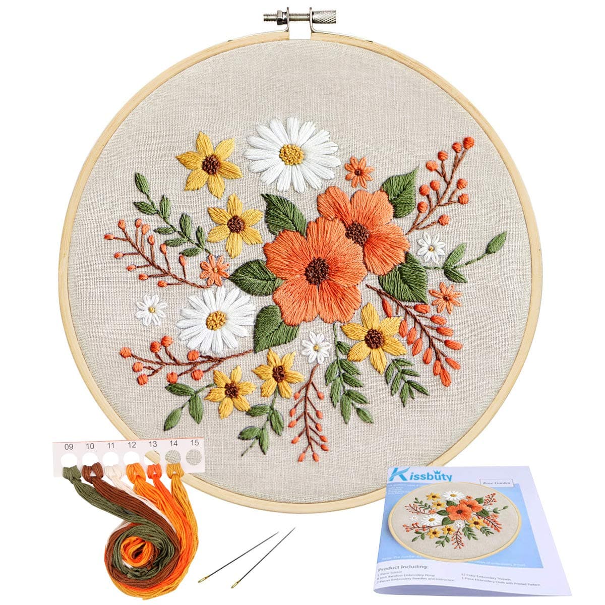 KISSBUTY Embroidery Starter Kit with Pattern Bamboo Hoop Color Threads Flaxen Fabric Floral Design Kid Art Craft Kit