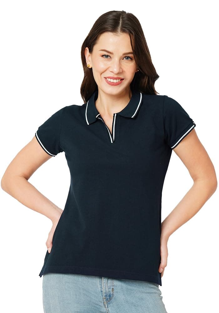 Wear Your Opinion Cotton Blend Womens Premium Pique Polo Collar Neck Regular Fit T-Shirt (Design: Tipped Polo,Navy,2XL), Blue