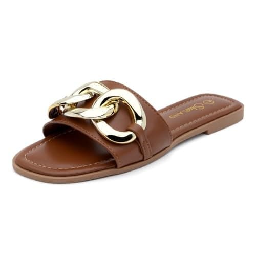 Shoe Land Women's Flat Sandals - Square Open Toe Single Band Fashion Slides with Metal Chain Dressy 2025 Trendy | Comfortable Slippers with Cushioned Footbed for Summer, Cognac, Size 8.0, Emma