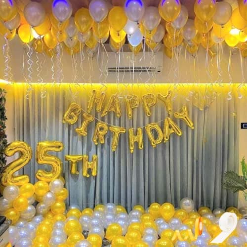Flyloons Silver and Gold Happy Birthday Decoration Kit with Golden Happy Birthday Banner, Golden balloons Silver balloons,Glue dots for decoration, birthday decoration for girls boys Husband wife