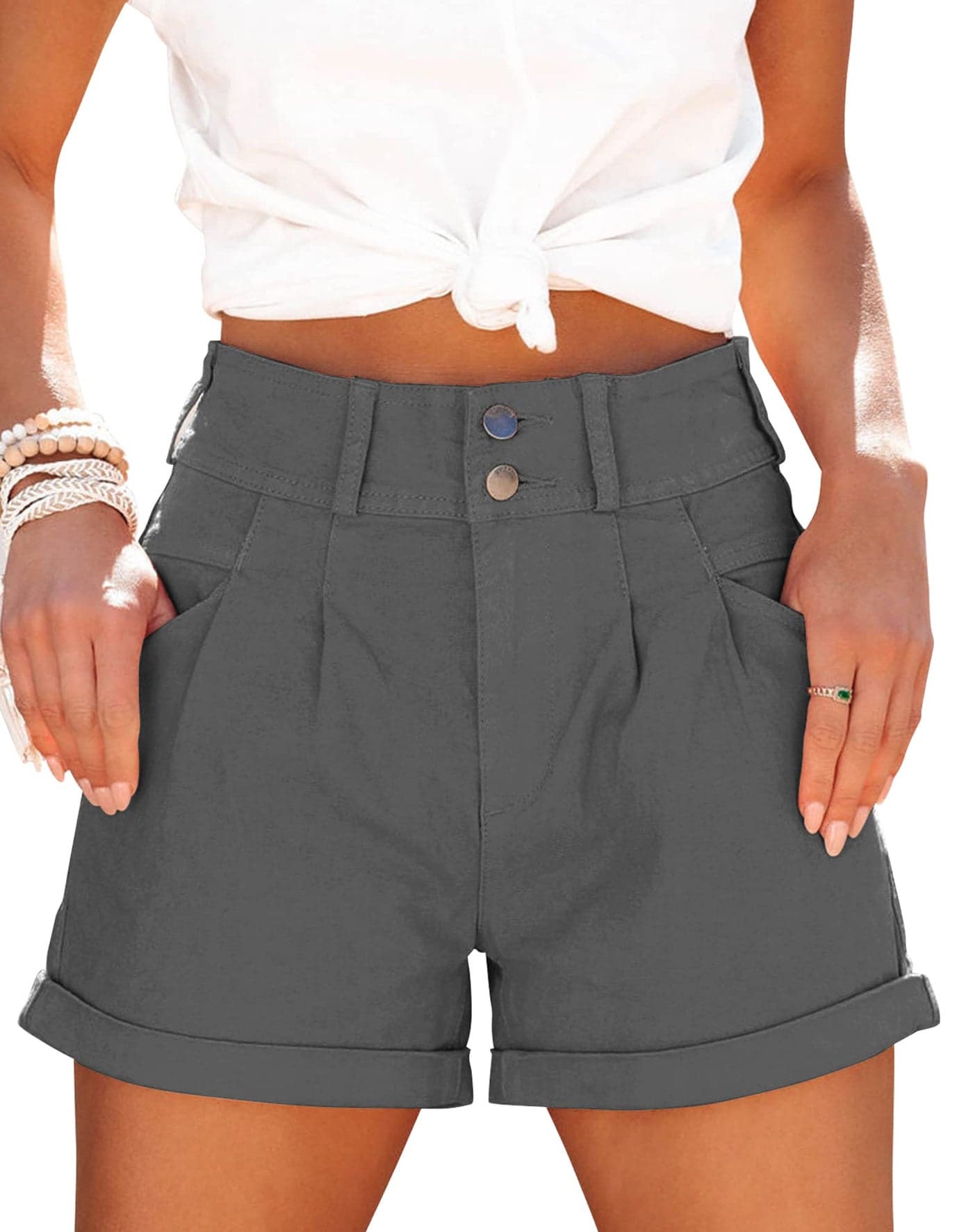 Hilltichu Womens Relaxed Fit Casual High Waist Pocketed Denim Shorts (Light Gray,Large,US,Alpha,Adult,Female,Large,Regular,Regular)