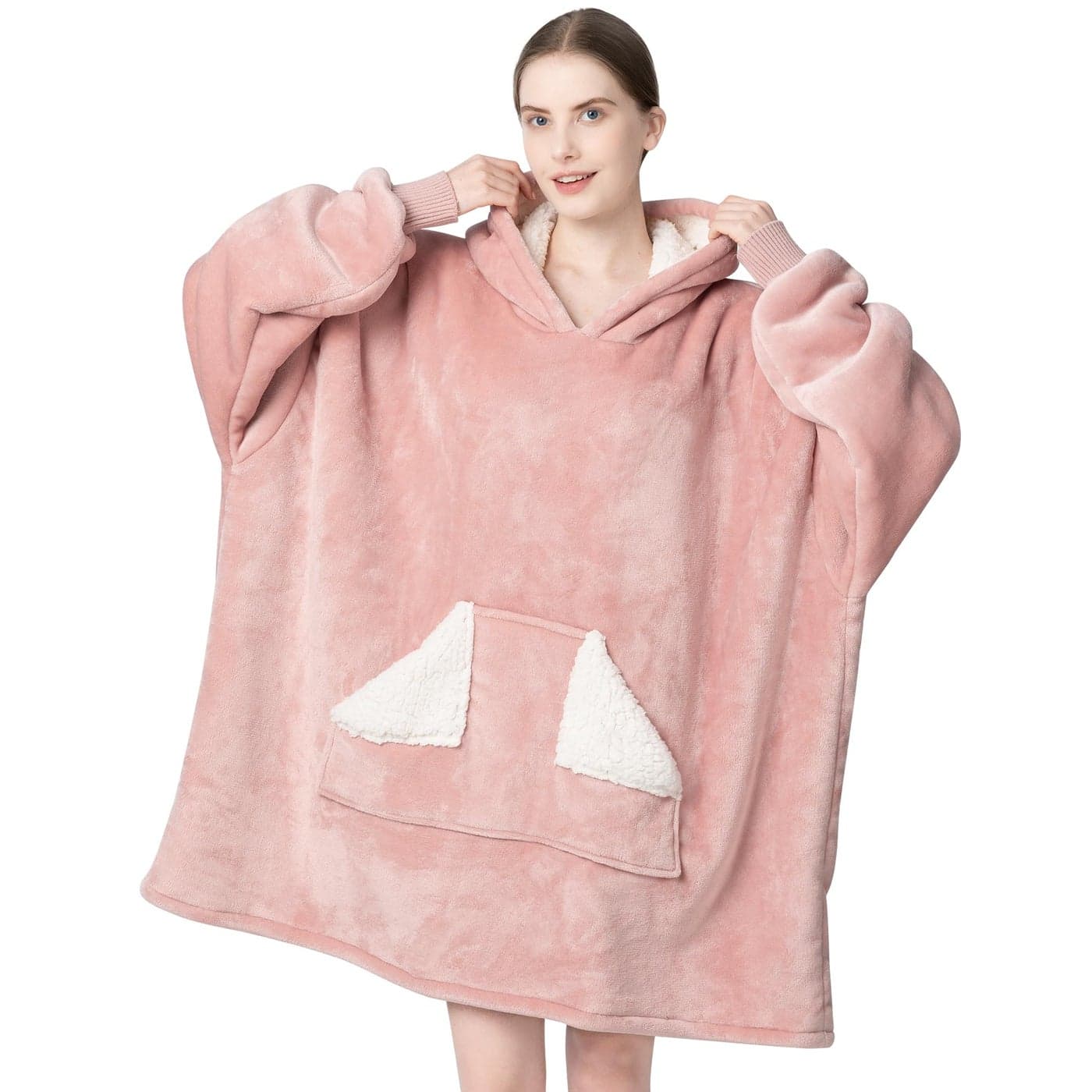 Touchat Wearable Blanket Hoodie Oversized Sherpa Blanket Sweatshirt with Hood Pocket and Sleeves Super Soft Warm Plush Hooded Blanket for Adult Women Men One Size Fits All Pink