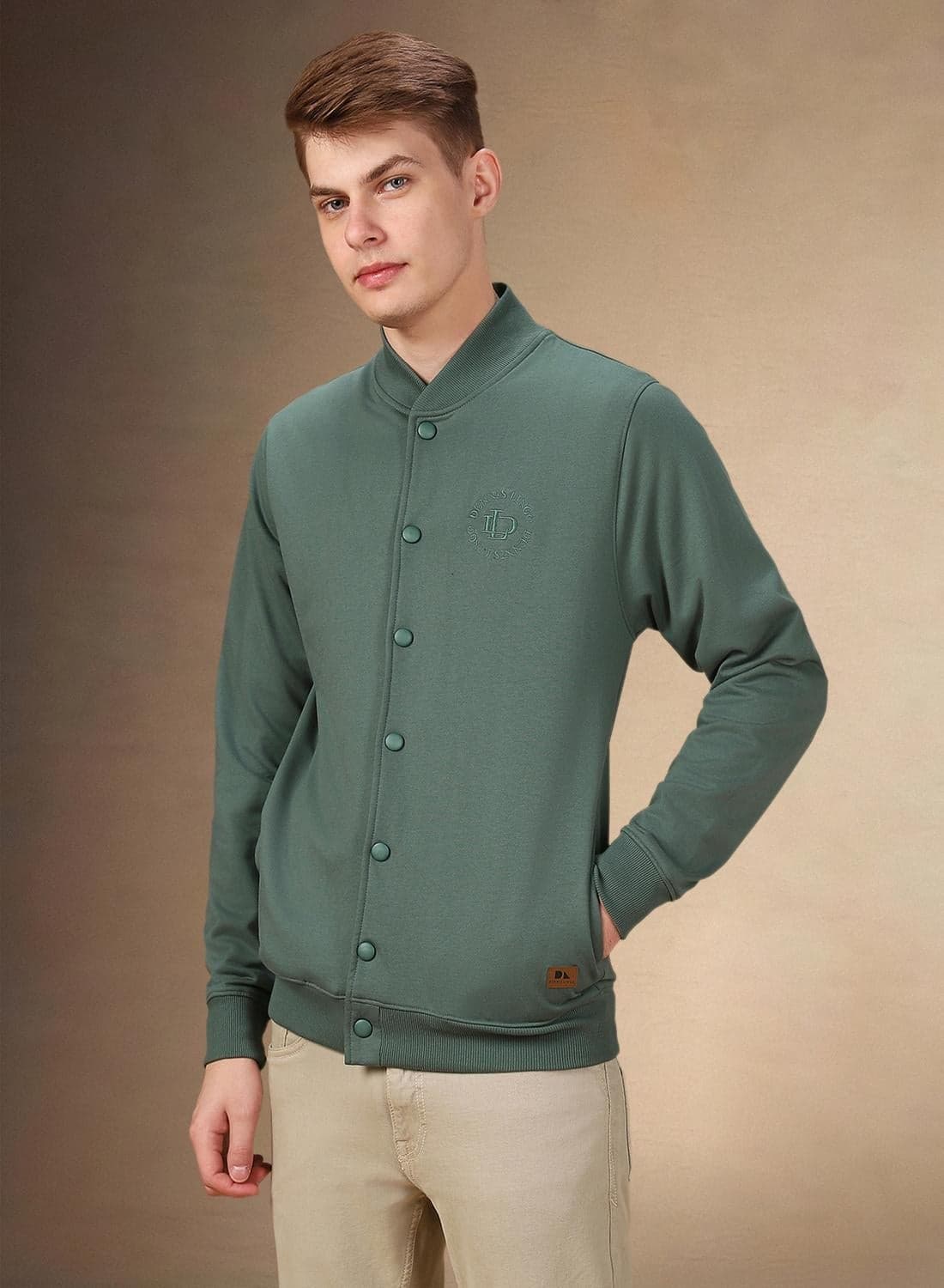 Men's Olive Polyester Blend Solid Regular Fit Sweatshirt