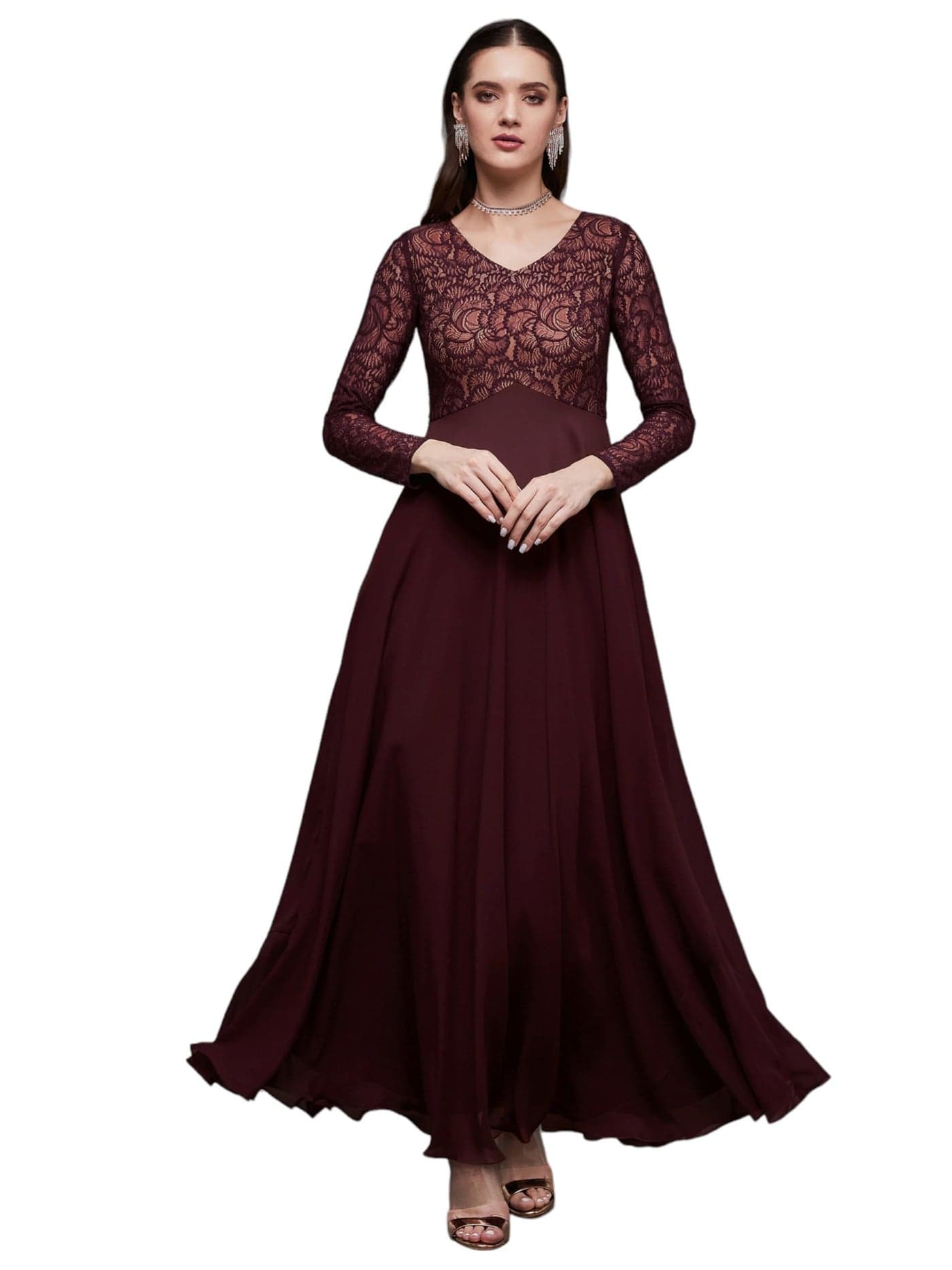 Miss Chase Women's V-Neck Full Sleeve Self Design Lace Overlaid Maxi Dress with Pockets (Plus (MCAW23D13-85-184-07, Wine, XXL)