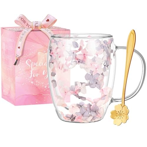 Arefen Gifts for Women Dried Flowers Double Wall Glass Coffee Mugs Cute Glass Tea Cups with Handles Christmas Birthday Gifts for Best Friend Teacher Mum Gift New Home Gift Ideas Autumn Mug Home Decor