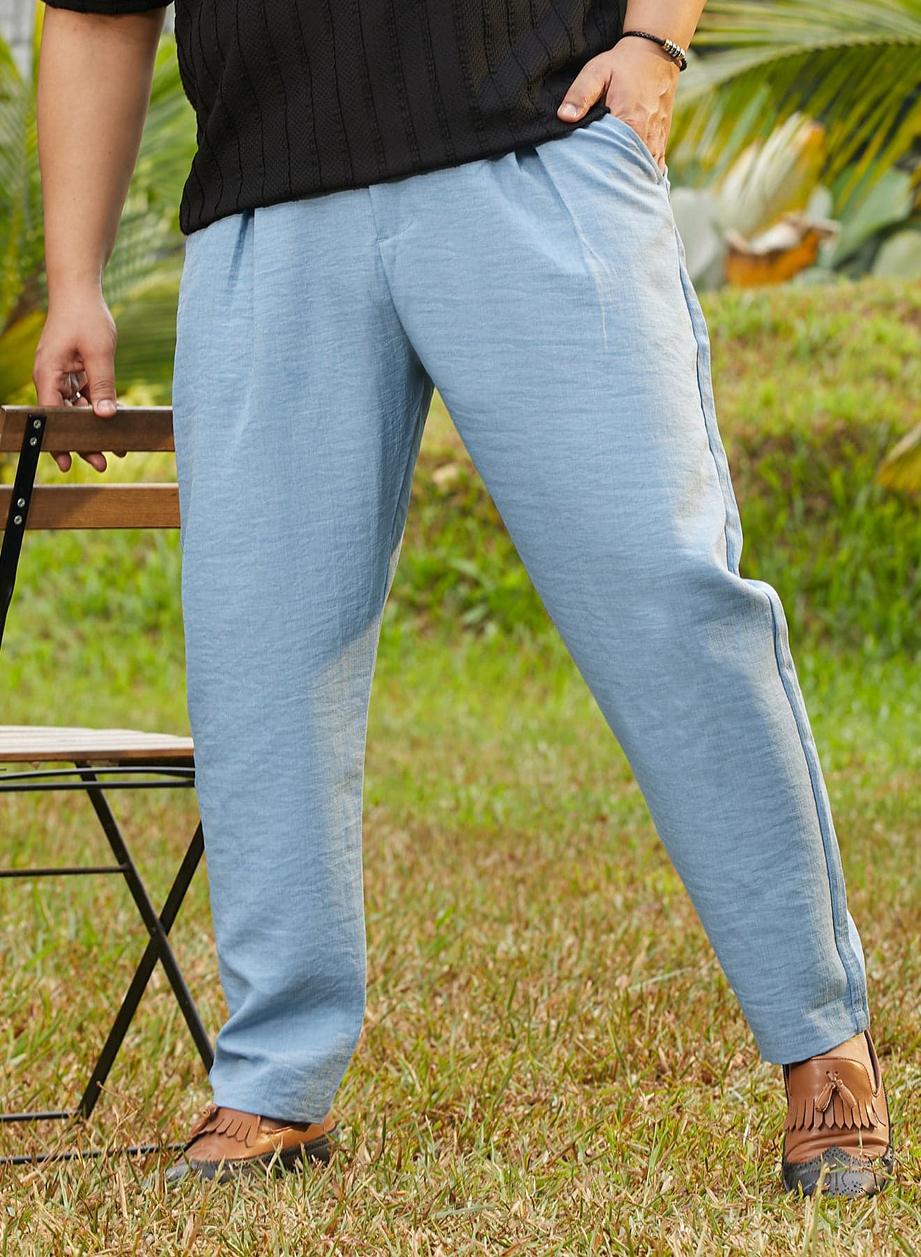 Instafab Plus Men's Sky Blue Pleated Tailored Trousers For Casual Wear | Mid-Rise | Regular Fit | Button Closure | Plus Size Trousers Crafted With Comfort Fit For Everyday Wear