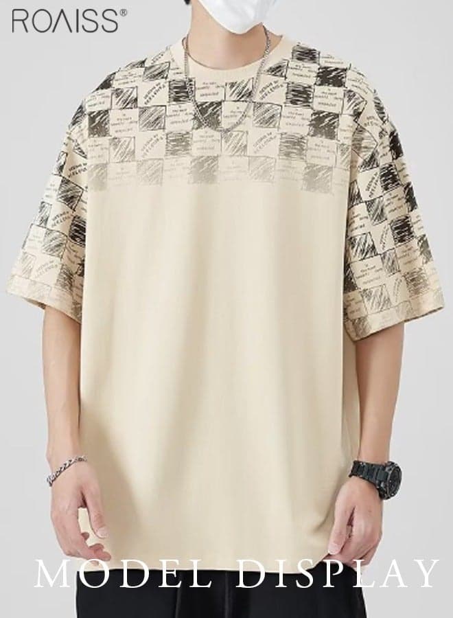 Men Summer T-shirt, Checked Printed Tops for Men, Short Sleeve Round Neck T shirt, Comfortable Breathable Tees, Suitable for Daily Wear or Any Occasion Beige