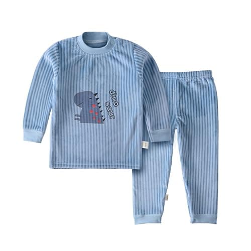 Bold N Elegant Winter Warm Fleece Kid's Dino Print Thick Tshirt and Lower Pajama Clothing Set for Baby Boys Girls Kids (Blue, 6-12 Months), Printed