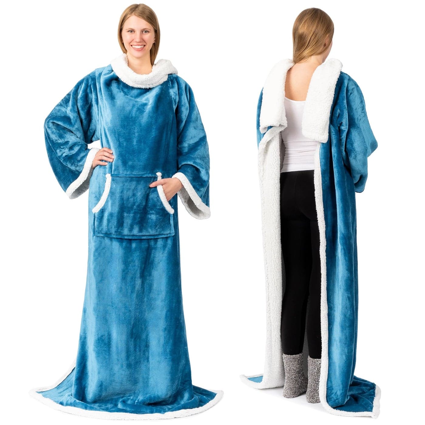 PAVILIA Sherpa Wearable Blanket with Sleeves and Pocket Plush Thick Cozy Body Blanket Wrap for Adult Women Men Christmas Gift for Wife Mom Teal Blue