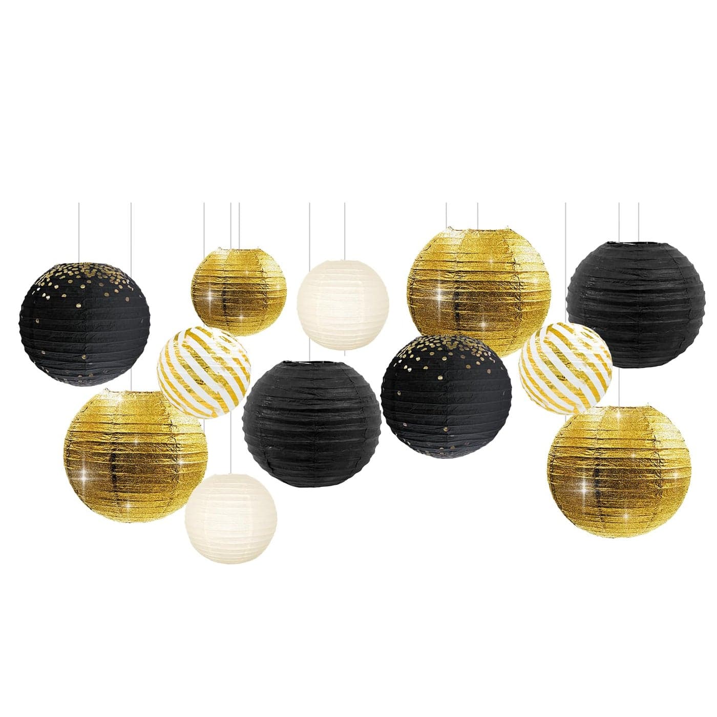 NICROLANDEE Black Gold Party Supplies 12PCS Black and Gold Metallic Foil Paper Lanterns Decorative for Wedding Graduation Birthday Baby Shower Retirement New Years Eve