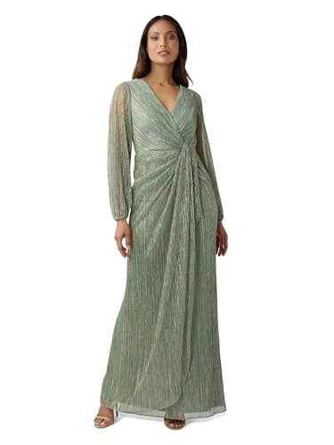 Adrianna Papell Womens Metallic Mesh Draped Gown Special Occasion Dress, Green Slate, 14 US