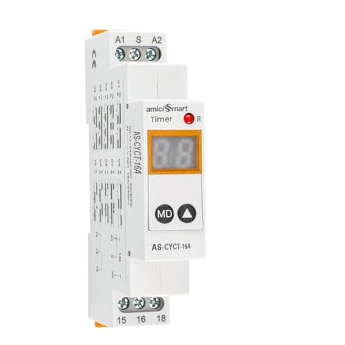 amiciSmart Multi-Functional On, Off Delay, Cycle Timer Switch, 0.1 sec to 99 Days Range with 20 Function Modes, AC/DC Time Relay (16A)