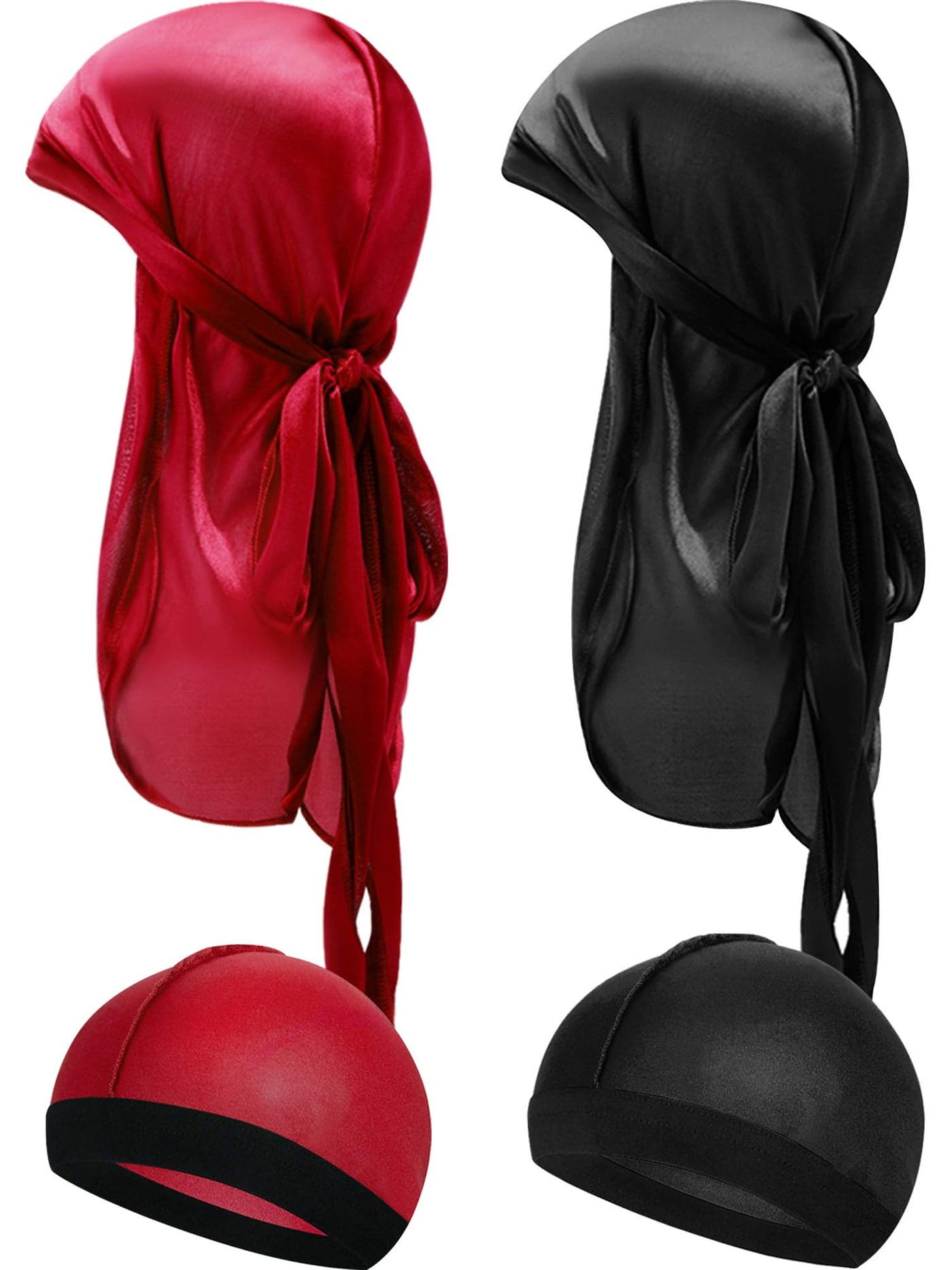 4 Pieces Kids Silky Durag with Wave Caps Set Unisex Baby Durags Long Tail and Wide Strap Headwraps Turban Beanies Black Red