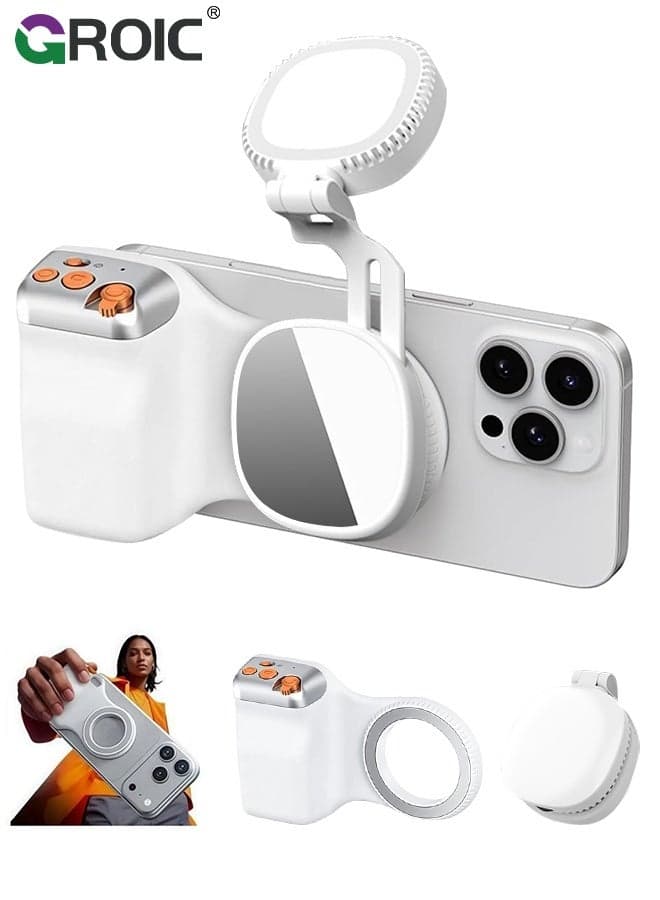 Magnetic Phone Camera Grip, Smartphone Shooting Holder & Selfie Light for iPhone & Android with Wireless Shutter Button, for iPhone Android Cellphone Vlog Video Photography(White)