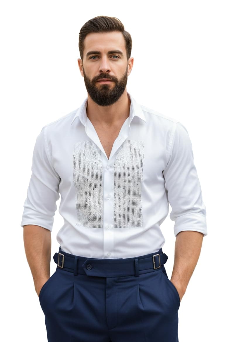 IndoPrimo Men’s Satin Shirt for Party, Formal and Casual Wear – Stylish and Trendy Designer Full Sleeve Shirt for Men White