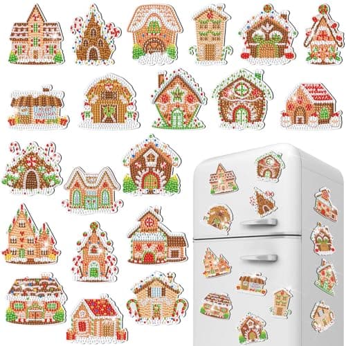 Zonon 20 Pcs Christmas Diamond Art Kits Gingerbread House Diamond Painting Refrigerator Magnets Xmas Magnetic Stickers for Fridge Home Adults DIY Crafts