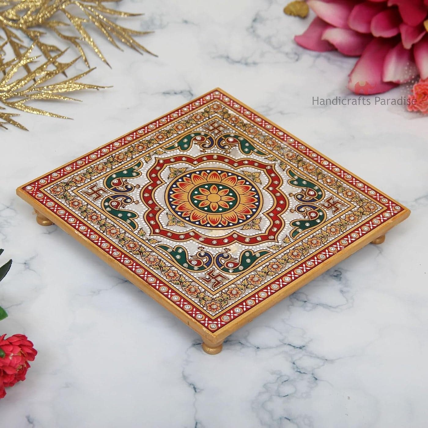 Handicrafts Paradise Marble Puja chowki for Jain God Statues and Temple use 8 x 8 x 1 inch