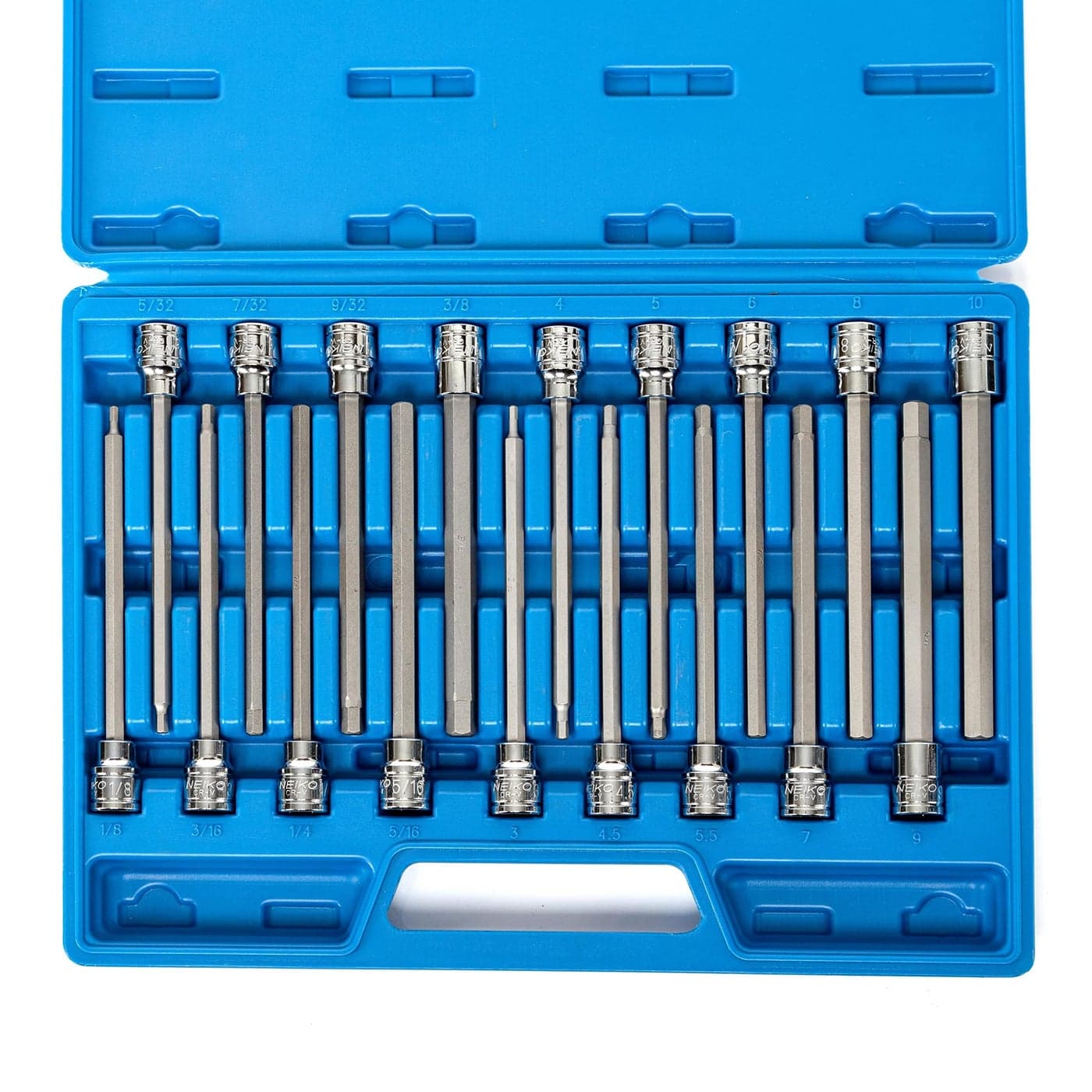 NEIKO 10079A Extra Long Allen Hex Bit Socket Set 18 Piece SAE and Metric Allen Socket Set 38 Drive 18 38 Inch 3mm 10mm 6 Long Allen Hex Socket Bit Set Allen Head Hex Key Socket Set
