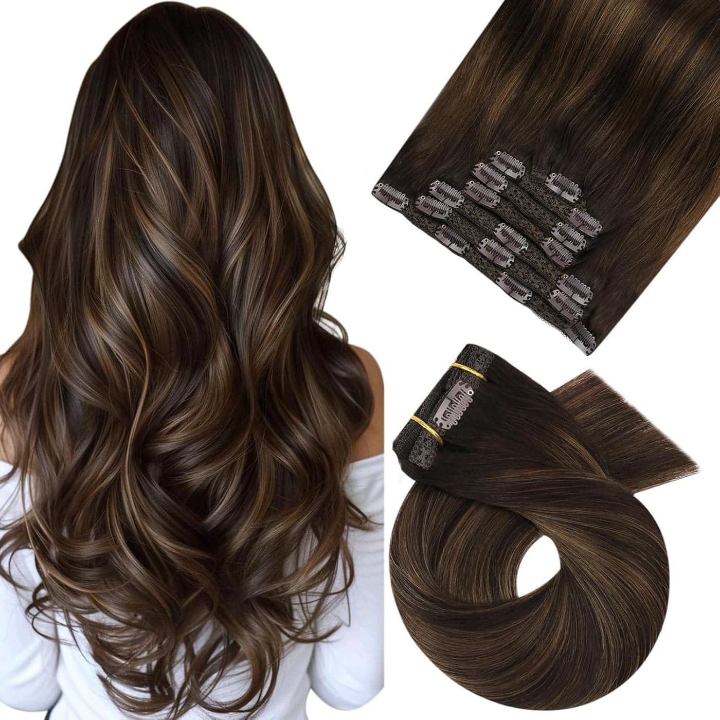 Moresoo Clip in Hair Extensions Remy Double Weft Human Hair Clip in Extensions Straight Balayage Hair Extensions Real Human Hair Clip ins Ombre Dark Brown with Chestnut Brown 7pcs120g 18inch