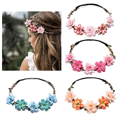 HANSAMU Flower Crown for Women Girls, Floral Headbands Elastic Ribbon Bridal Bridesmaid Fairy Headpiece for Party Wedding Beach (Pink(4 Pack), M)