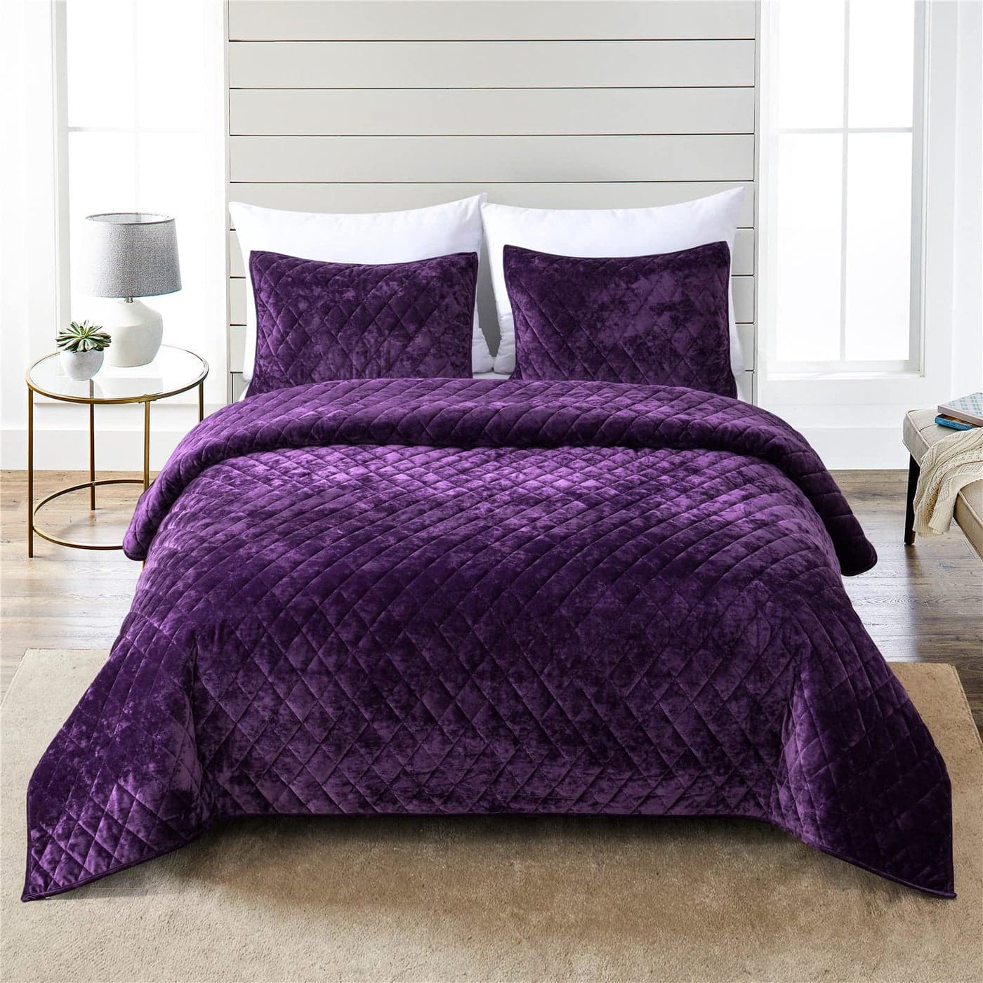 Fredsure Distressed Velvet Quilt Set 3 Pieces Purple King Distressed Velvet Face and Brushed Microfiber Reverse with Diamond Quilting