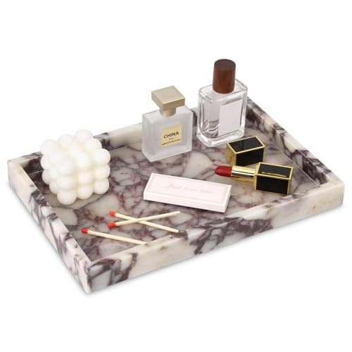 Marble Bathroom Vanity Tray, Natural Luxury Vanity Home Kitchen Bathroom Table Tray, Stone Decorative Countertop Dresser Trays for Key Coffee Perfume Jewelry Makeup (Calacatta Viola, 12"x 8" x1.2")
