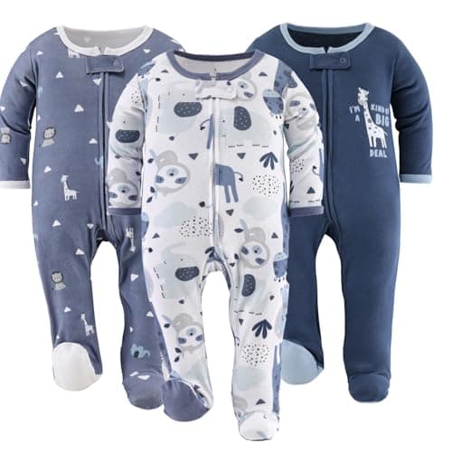 The Peanutshell Baby Sleepers for Boys Set of 3 Newborn Baby Clothes Soft Cotton Boy Footed Pajamas Newborns Infants Clothes Gift Set Blue Safari