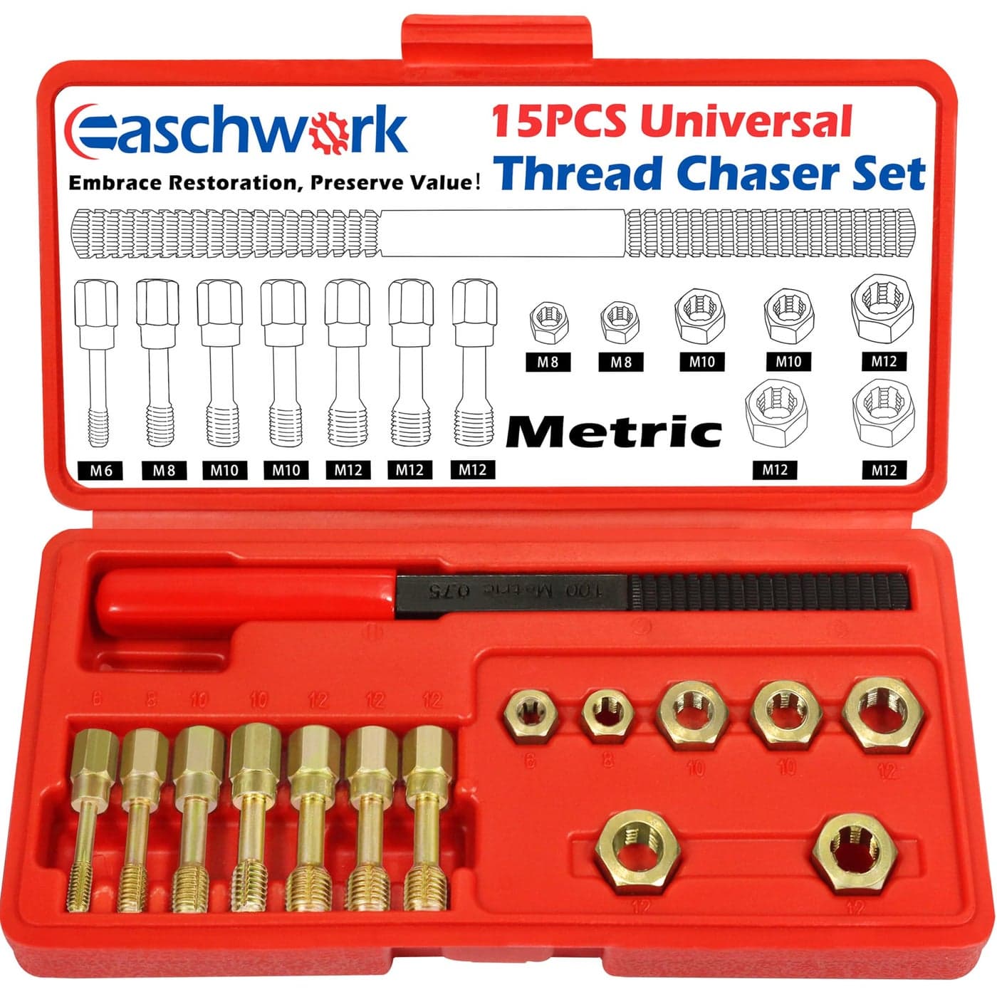 easchwork 15 Piece Metric Thread Chaser Set Master Thread Rethreading Kit Universal M6 M8 M10 M12 Sizes Thread Restorer with Case