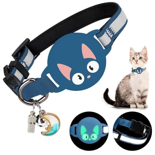 Woyinger Reflective Breakaway Cat Collar for AirTag(1st & 2nd) Holder - Waterproof Safety Buckle Kitten Collar with Bell, Luminous GPS Tracker Case Compatible with Apple for Air Tag(Deep Blue)