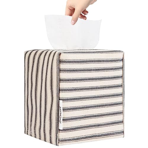 LeCorner Tissue Box Cover, Fabric Tissue Box Holder Square, Stylish Toilet Paper Storage, Modern Bathroom Counter Organizer Decorations Accessories,Ticking Stripe 5''x5''x5'' (Pastel Grey)