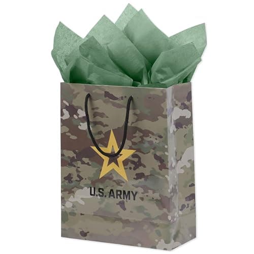 Havercamp US Army Gift Bag 1 Stunning Durable Medium Bag Includes 2 Hunter Green Tissue Papers Black Rope Handles Tag Army Themed Gift Bag Veteran Gifts Brown Green