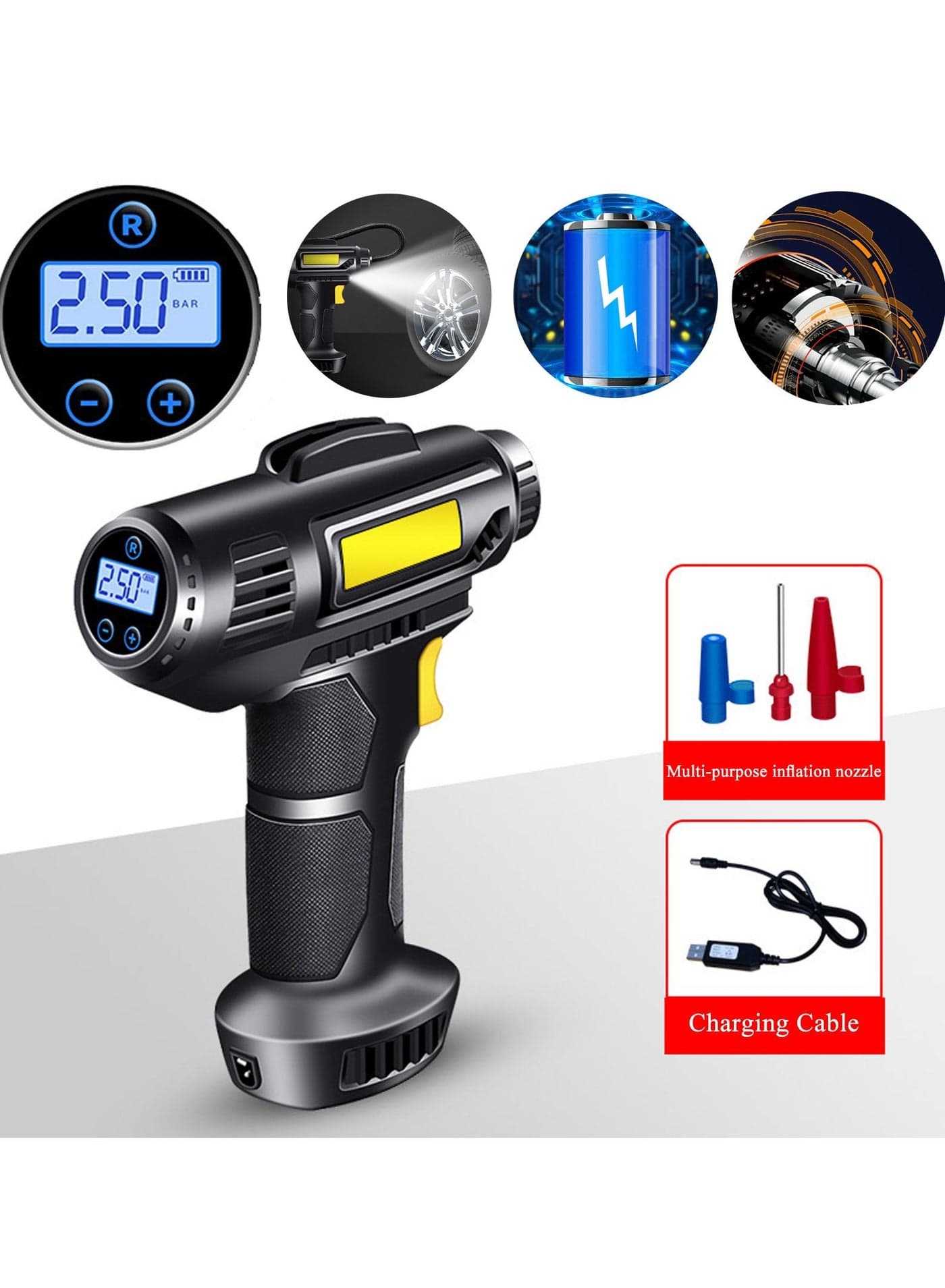 Tire Inflator, Rechargeable Lithium Ion Battery Portable Handheld Fast Inflation Auto Pump with Digital Pressure Gauge for Car Motorcycles Tires